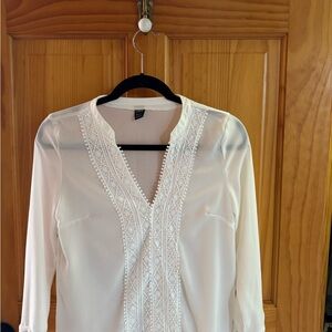 SHEIN Cream V-Neck Embroidered Lace Blouse